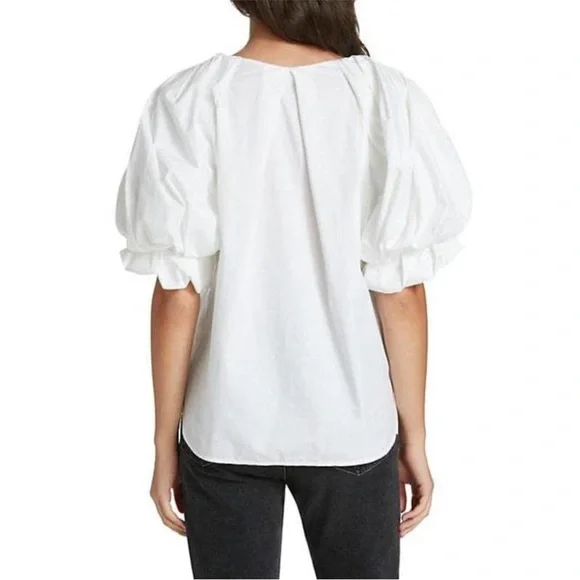 A.L.C. White Cara Puff Sleeve Split V neck Popover Cotton Blouse Size 6 - Picture 5 of 9